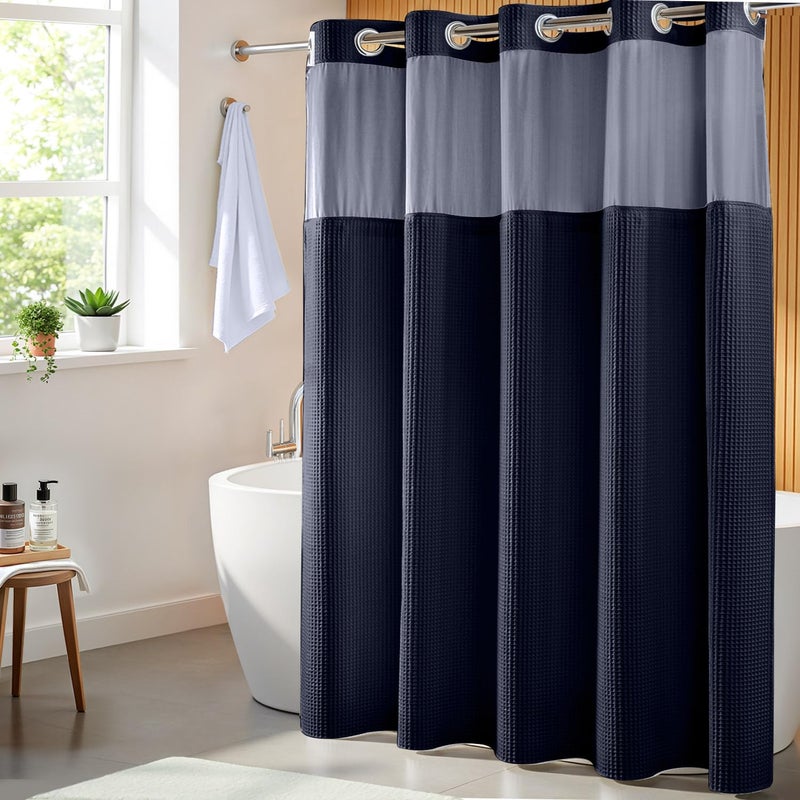 River Dream Navy Blue Fabric Shower Curtain Set, Cotton Blend, Waffle Weave, with Snap in Replacement Linerï¼Œ71 x 74 inches - Image 1